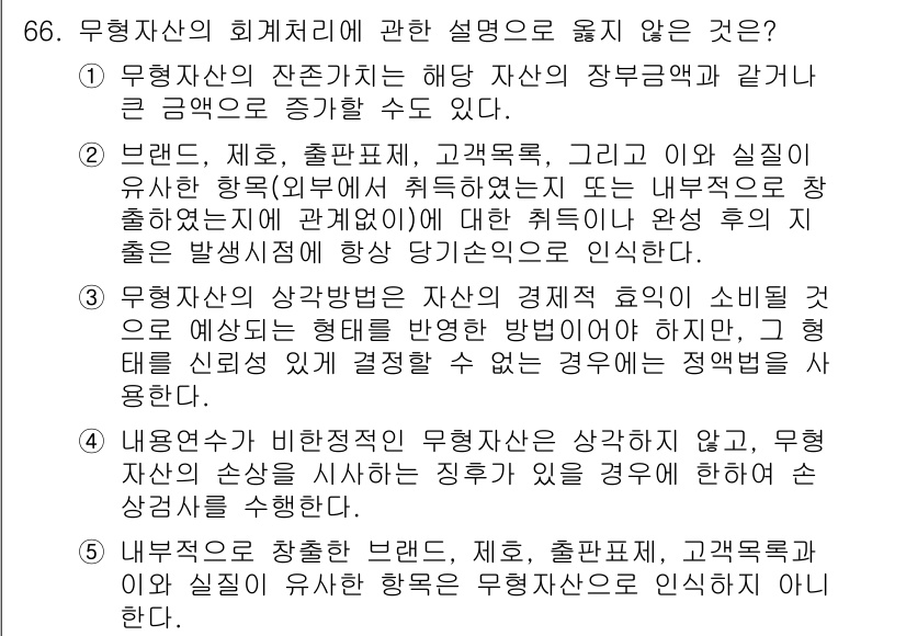 감정평가사_1차_2교시 2022년 66번 - 정답 4번은 무형자산의 회계처리에 대한 설명으로 적절하지 않습니다. 무형... 에 관한 핵심 기출문제