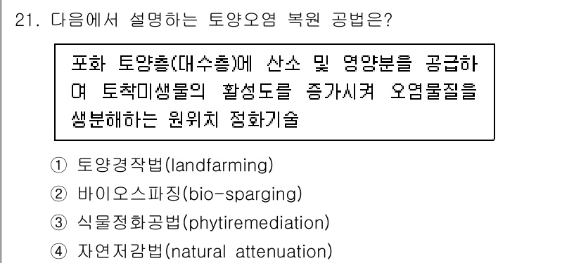자연생태복원기사 2022년 21번 - 바이오스파깅(bio-sparging)은 토양 내 미생물을 활용하여 오염 ... 에 관한 핵심 기출문제