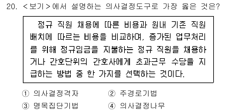 9급_지방직_공무원_서울시_간호관리(8급) 2022년 20번 - 정답 4번은 의사결정 구조가 명확하게 설정되어 있어, 직원 채용이나 간호... 에 관한 핵심 기출문제