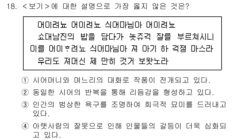 9급_지방직_공무원_서울시_국어 2022년 18번 - 정답 4번이 가장 좋지 않은 설명인 이유는, 첫째로, 인물의 주체적인 욕... 에 관한 핵심 기출문제