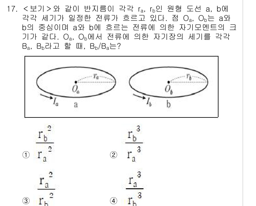 9급_지방직_공무원_서울시_물리 2022년 17번 - 문제에서 a와 b의 전류가 서로 다르게 흐르며, 자기 모멘트는 전류 방향... 에 관한 핵심 기출문제