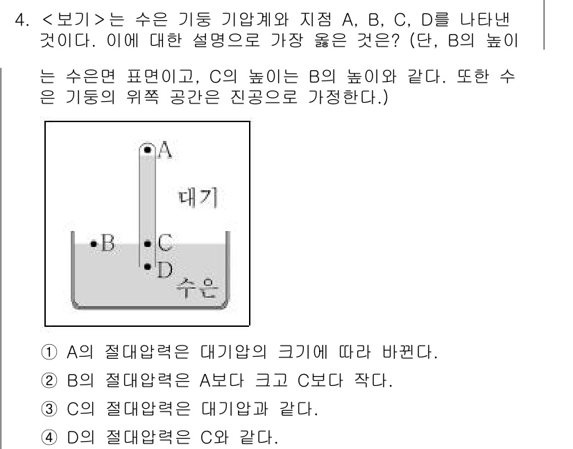 9급_지방직_공무원_서울시_물리 2022년 4번 - 문제에서 주어진 수면의 높이에 따라 A, B, C, D의 위치 관계를 고... 에 관한 핵심 기출문제