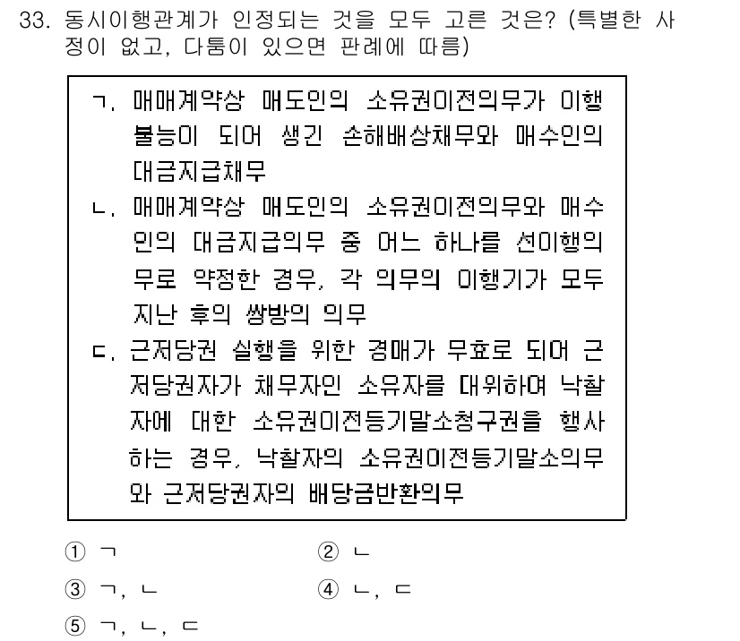변리사_1차(2교시) 2023년 33번 - 정답 3번은 매매계약상 소유권 이전의무가 이행불능이 된 경우, 매수인이 ... 에 관한 핵심 기출문제