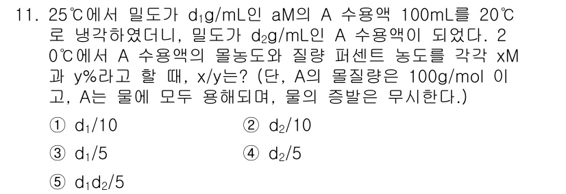 변리사_1차(3교시) 2023년 11번 - 문제에서 물질 A의 농도를 구하기 위해 d₁과 d₂의 관계를 파악해야 합... 에 관한 핵심 기출문제