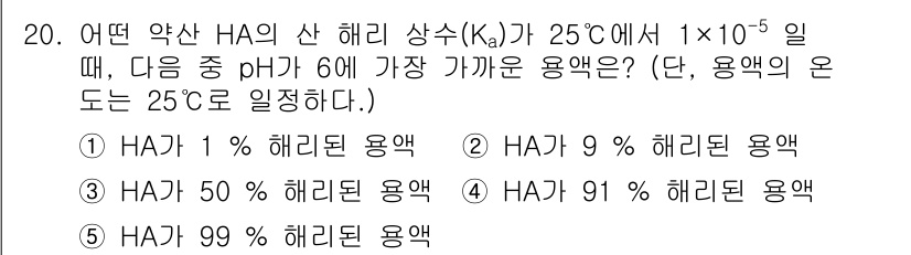 변리사_1차(3교시) 2023년 20번 - HA가 약산일 때 pH가 6인 경우의 수소 이온 농도는 \(10^{-6}... 에 관한 핵심 기출문제