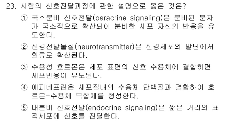변리사_1차(3교시) 2023년 23번 - 정답 3번입니다. 신경전달물질(neurotransmitter)은 신경세포... 에 관한 핵심 기출문제
