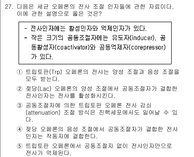 변리사_1차(3교시) 2023년 27번 - 전신인자(activator)와 억제인자(repressor)가 존재하여 유... 에 관한 핵심 기출문제