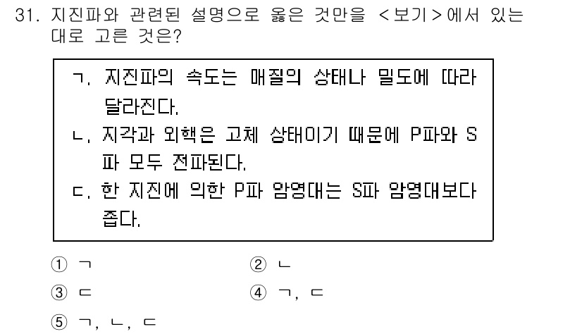 변리사_1차(3교시) 2023년 31번 - 문제에서 지진파의 특성에 대해 설명하고 있습니다. 4번은 지진파의 속도가... 에 관한 핵심 기출문제