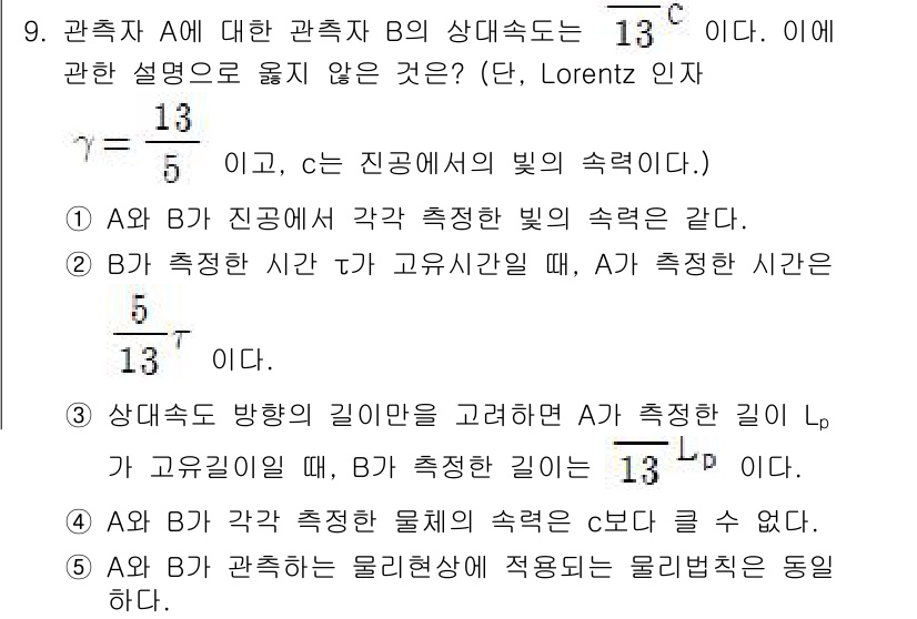 변리사_1차(3교시) 2023년 9번 - 문제에서 A와 B는 서로 다른 관측자이며, B가 A의 미래를 관측하는 관... 에 관한 핵심 기출문제