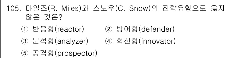 가맹거래사 2023년 105번 - 4. 핵신형(innovator)은 마일즈와 스노우의 전략유형 중에는 포함... 에 관한 핵심 기출문제