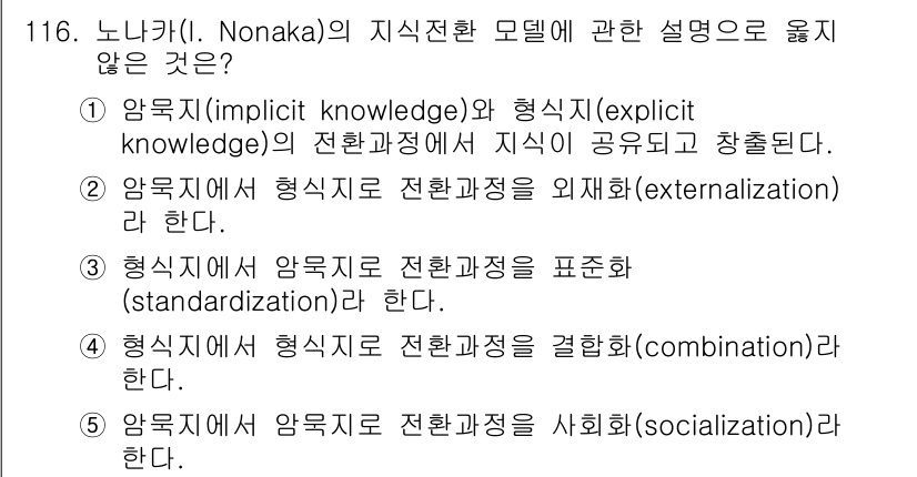 가맹거래사 2023년 116번 - 정답 3번은 '형식지(형식지)'가 암묵지와의 전환을 결합하는 과정에 해당... 에 관한 핵심 기출문제