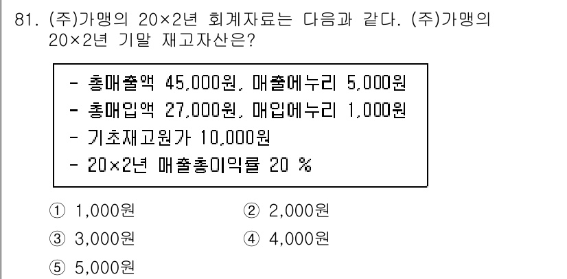 가맹거래사 2023년 81번 - 재고 자산 계산에 있어 가맹점 매출액에서 매출누리와 기초자산 총액을 고려... 에 관한 핵심 기출문제