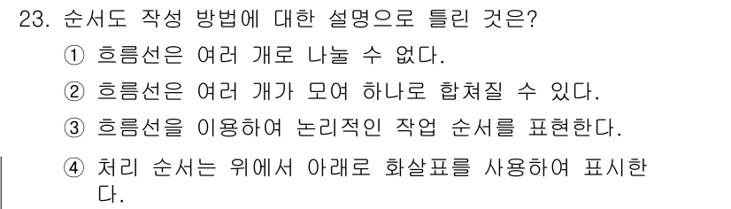 정보통신기능사 2023년 23번 - 흥림선은 여러 개의 데이터가 논리적으로 연결되어 작업 순서를 나타내는 방... 에 관한 핵심 기출문제