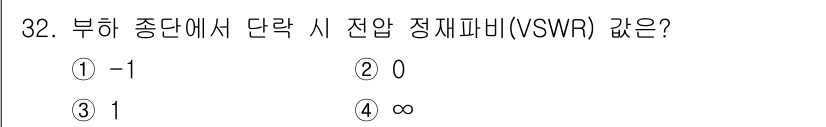 정보통신기능사 2023년 32번 - 부하 중단에서 전압 정재파비(VSWR) 값은 무한대(∞)가 됩니다. 이는... 에 관한 핵심 기출문제