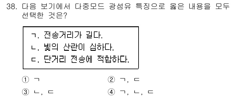 정보통신기능사 2023년 38번 - 단거리 전송에 적합한 다중모드 광섬유는 짧은 전송 거리에서 높은 대역폭을... 에 관한 핵심 기출문제