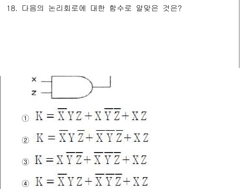 통신선로산업기사(통합편입) 2023년 18번 - 주어진 논리 회로의 출력 K는 입력 X, Y, Z의 조합으로 결정됩니다.... 에 관한 핵심 기출문제