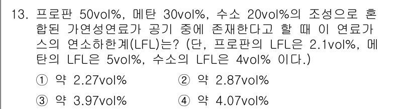 화재감식평가기사 2021년 13번 - 주어진 가연성 물질의 혼합 비율을 고려하여 각 물질의 발화 연료의 LEL... 에 관한 핵심 기출문제