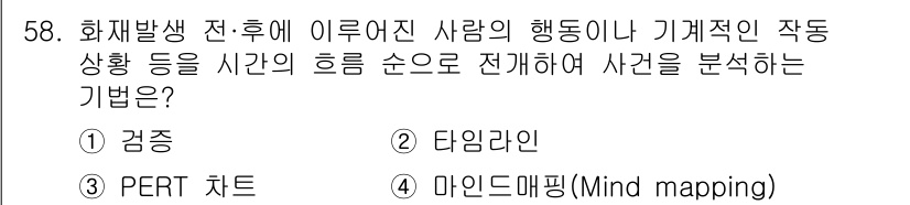 화재감식평가기사 2021년 58번 - 타임라인은 사건의 발생 순서에 따라 사람의 행동이나 기계적 작동을 시각적... 에 관한 핵심 기출문제