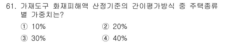 화재감식평가기사 2021년 61번 - 정답은 ① 10%입니다. 가재도구 화재피해액 산정기준에서는 가재도구의 평... 에 관한 핵심 기출문제