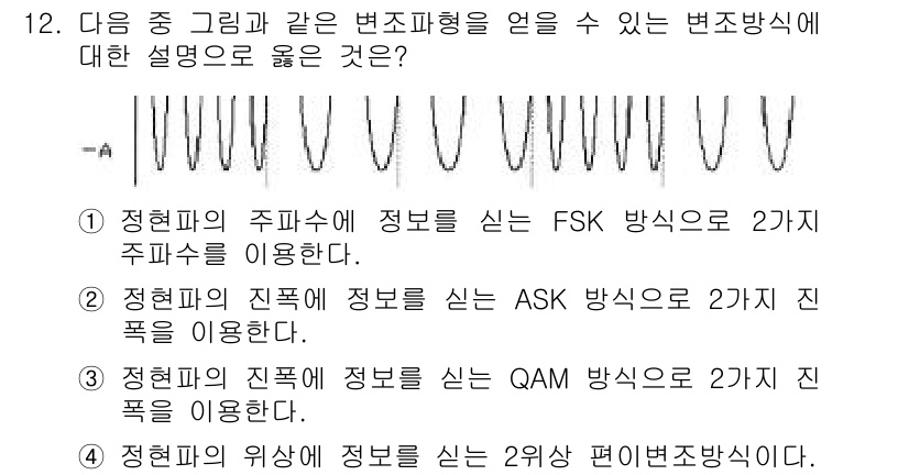 방송통신기사(구) 2016년 12번 - .  

정현파의 주파수에서 정보를 전달하는 FSK 방식은 두 가지 주파... 에 관한 핵심 기출문제