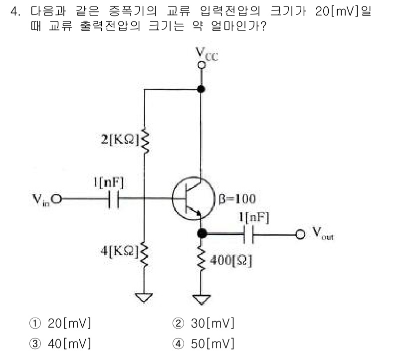 방송통신기사(구) 2016년 4번 - 회로에서 출력 전압 \( V_{out} \)는 입력 전압 \( V_{in... 에 관한 핵심 기출문제