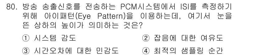 방송통신기사(구) 2016년 80번 - 정답 2번은 "잡음에 대한 여유"입니다. Eye Pattern은 신호의 ... 에 관한 핵심 기출문제