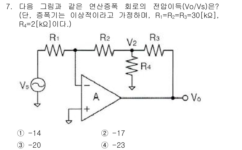 방송통신기사 2016년 7번 - 이 회로의 전압 이득(V₀/Vₛ)은 반전 증폭기로 분석할 수 있습니다. ... 에 관한 핵심 기출문제