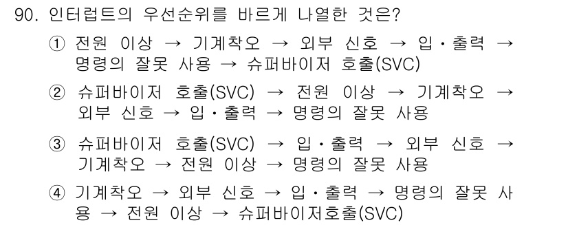 방송통신기사 2016년 90번 - 인터럽터의 우선순위는 CPU와 상호작용 시 외부 신호가 중요한 역할을 하... 에 관한 핵심 기출문제