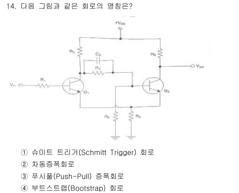 방송통신기사(구) 2017년 14번 - 주어진 회로는 Schmitt Trigger 회로의 전형적인 구조를 보입니... 에 관한 핵심 기출문제