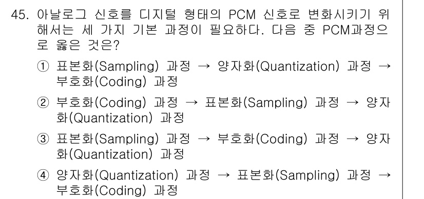 방송통신기사(구) 2018년 45번 - PCM 신호 변환의 기본 과정은 아날로그 신호를 디지털 신호로 변환하는 ... 에 관한 핵심 기출문제