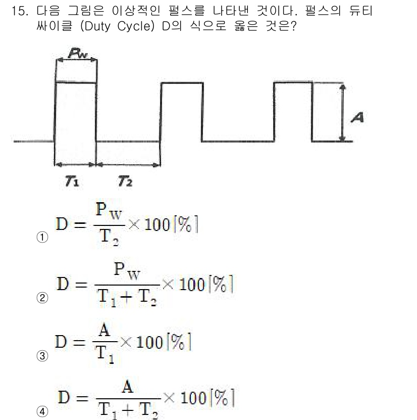 방송통신기사(구) 2019년 15번 - 주어진 문제에서 Duty Cycle \( D \)는 신호의 활성 상태와 ... 에 관한 핵심 기출문제