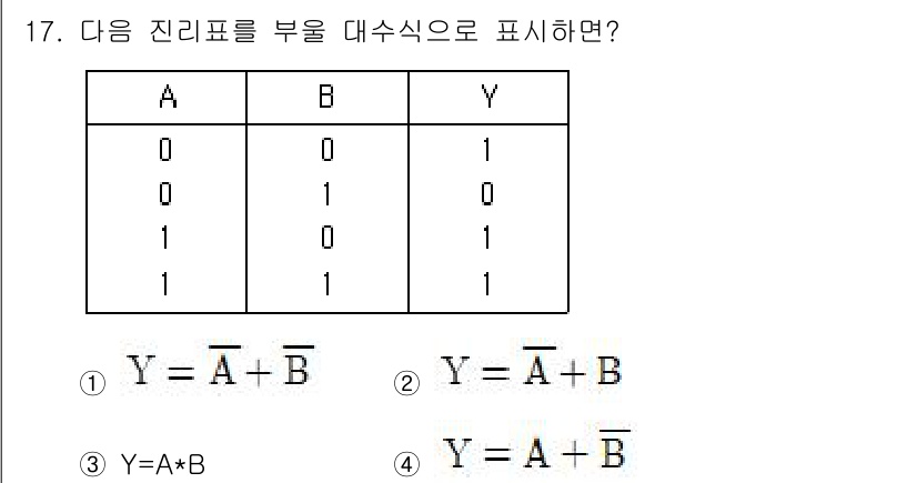 방송통신기사(구) 2019년 17번 - 주어진 진리표는 A와 B의 조합에 따라 Y의 값을 정의하고 있습니다. Y... 에 관한 핵심 기출문제
