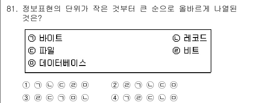 방송통신기사(구) 2019년 81번 - 정답은 2번 레코드입니다. 정보 표현에서의 단위 크기는 일반적으로 비트,... 에 관한 핵심 기출문제