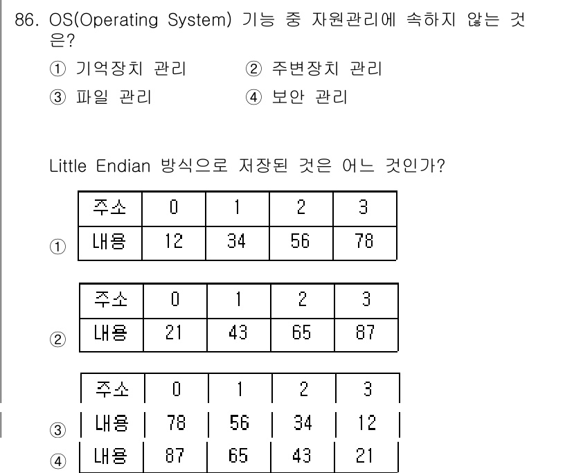 방송통신기사(구) 2019년 86번 - 정답은 4번 보안 관리입니다. Little Endian 방식에서는 데이터... 에 관한 핵심 기출문제
