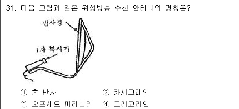 방송통신기사 2019년 31번 - 정답은 3. 오프셋 파라볼라입니다. 그림에서 보이는 형태는 마이크로파 신... 에 관한 핵심 기출문제