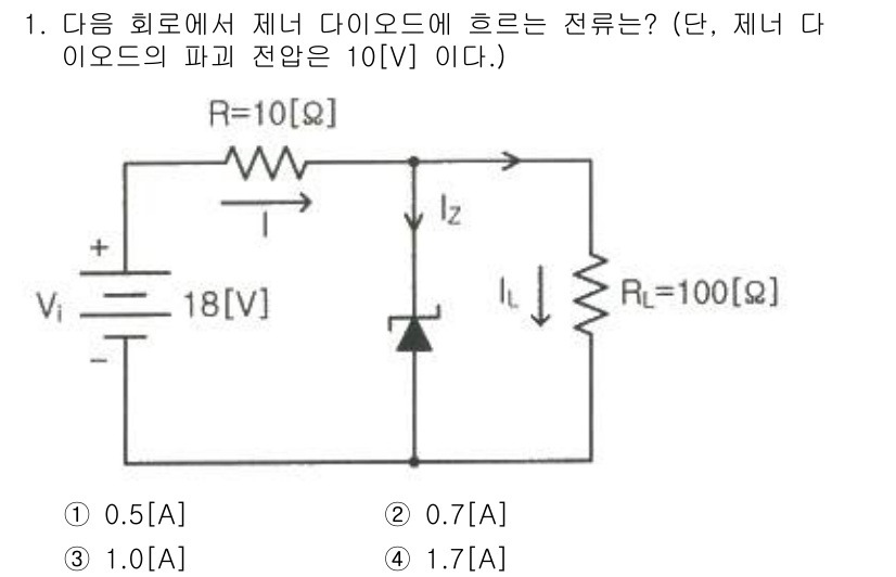 방송통신기사(구) 2021년 1번 - 주어진 회로에서 제너 다이오드의 파괴 전압이 10V이므로, 제너 다이오드... 에 관한 핵심 기출문제