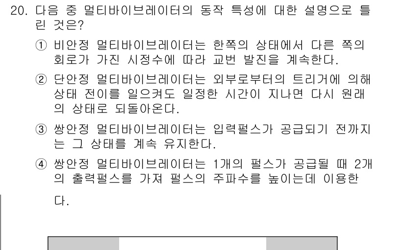 방송통신기사(구) 2021년 20번 - . 사양적 멀티바이브레이터는 입력신호의 전과 후의 상태를 반전시키며, 2... 에 관한 핵심 기출문제