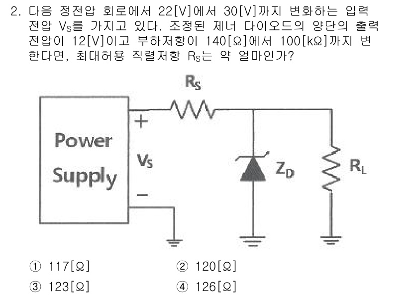방송통신기사(구) 2022년 2번 - 주어진 입력 전압 \( V_s \)가 22[V]에서 30[V]로 변할 때... 에 관한 핵심 기출문제