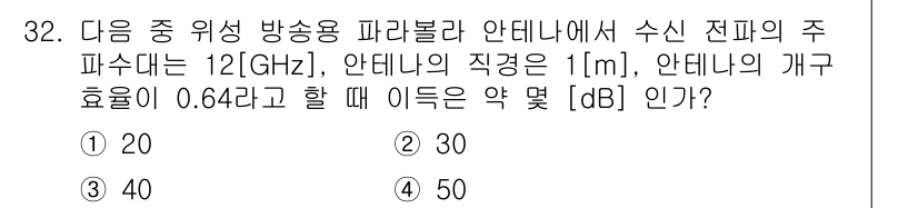 방송통신기사(구) 2022년 32번 - 주파수 \( f = 12 \) GHz, 안테나의 길이 \( L = 1 \... 에 관한 핵심 기출문제
