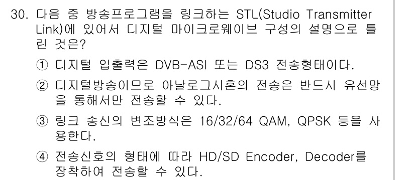 방송통신기사 2022년 30번 - STL(Studio Transmitter Link)에서 디지털 마이크로웨... 에 관한 핵심 기출문제