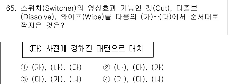 방송통신기사 2022년 65번 - 스위처(Switcher)의 영상 효과는 컷(Cut), 디졸브(Dissol... 에 관한 핵심 기출문제