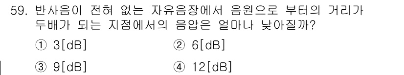 방송통신기사 2023년 59번 - 답은 2. 6dB이다. 

음원에서 반사음이 없는 경우, 두 배의 소리 ... 에 관한 핵심 기출문제