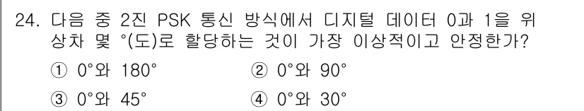 무선설비산업기사 2023년 24번 - . 

이유: PSK(위상 변조) 방식에서 0과 1을 구별하기 위해 각 ... 에 관한 핵심 기출문제