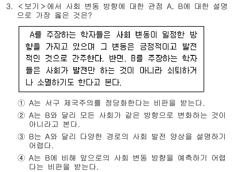 9급_지방직_공무원_서울시_사회복지학개론 2022년 3번 - 핵심 해설: A의 주장은 사회 변화가 일어나는 방향이 긍정적이므로, 변화... 에 관한 핵심 기출문제