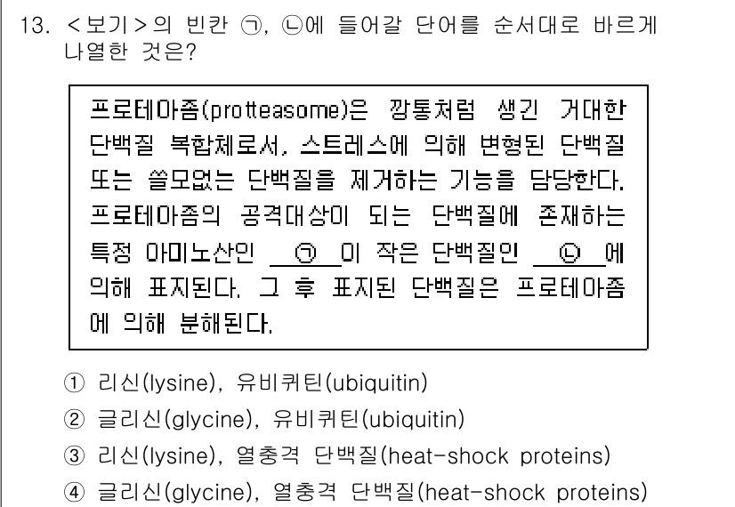9급_지방직_공무원_서울시_생물 2022년 13번 - 프루테어좀(proteasome)은 단백질 분해를 담당하는 복합체로, 세포... 에 관한 핵심 기출문제