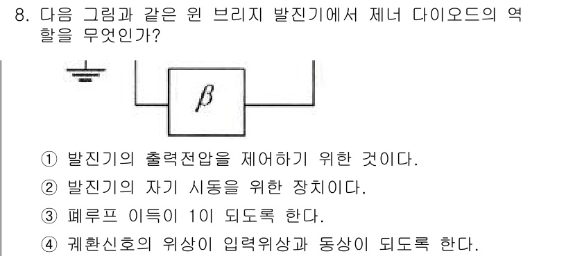 방송통신산업기사(구) 2015년 8번 - 정답 2의 이유는, 제너 다이오드는 발진기에서 안정적인 전압을 유지하도록... 에 관한 핵심 기출문제