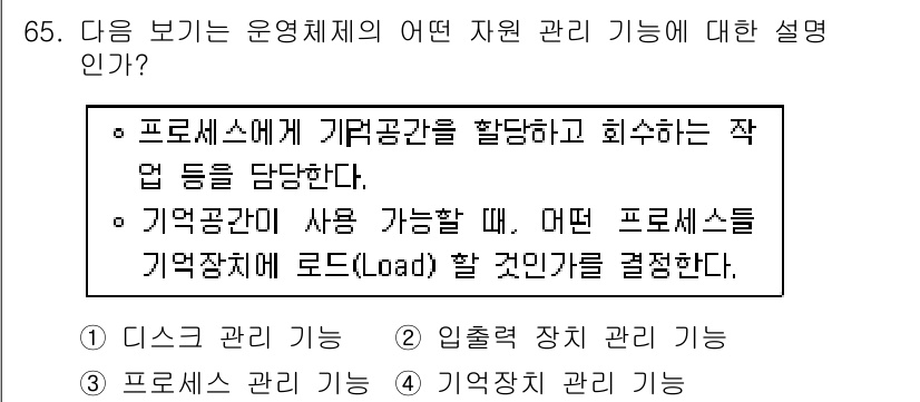 방송통신산업기사(구) 2016년 65번 - 지역 관리 기능은 프로세스에 필요한 메모리 공간을 할당하고, 어느 프로세... 에 관한 핵심 기출문제