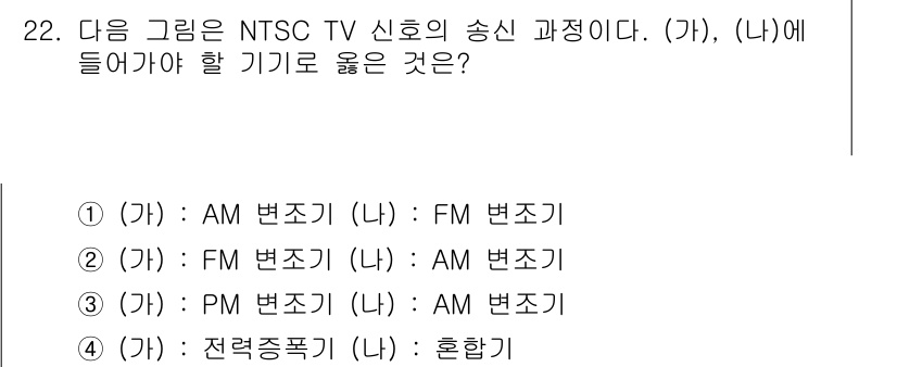 방송통신산업기사 2016년 22번 - 번. NTSC TV 신호 전송에서는 영상 신호에 AM 변조를 사용하고, ... 에 관한 핵심 기출문제