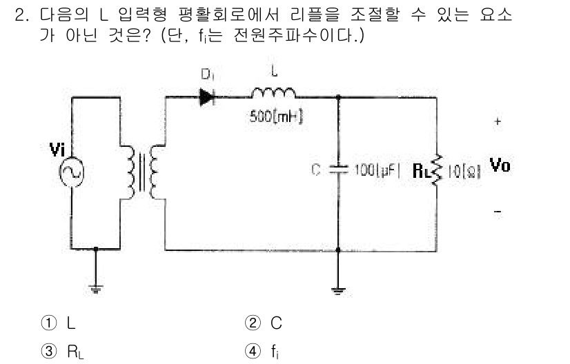 방송통신산업기사(구) 2018년 2번 - 주어진 회로에서 리플을 조절하는 요소는 주로 L(인덕터)과 C(커패시터)... 에 관한 핵심 기출문제