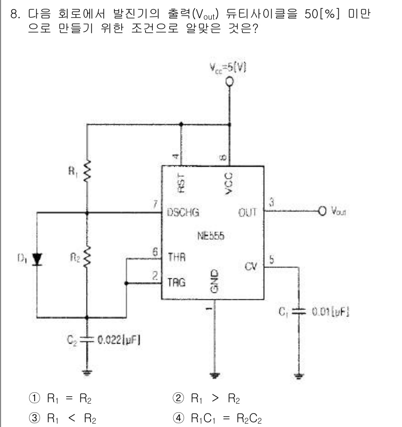 방송통신산업기사 2018년 8번 - 회로에서 NE555 타이머를 사용할 때, 출력 전압 Vout이 특정 범위... 에 관한 핵심 기출문제